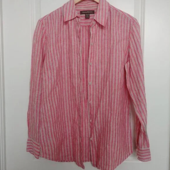 Tommy Bahama 100% linen pink green stripes button down size XS - Picture 1 of 12
